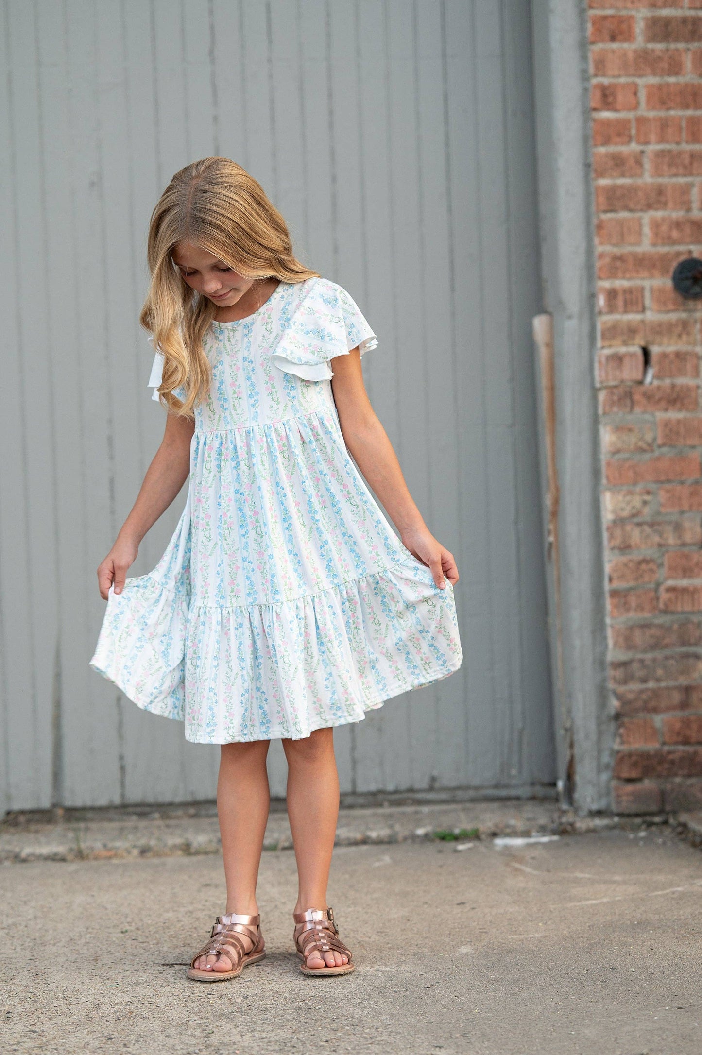 Kids Emmy Dainty Pastel Floral Flutter Sleeve Twirl Dress