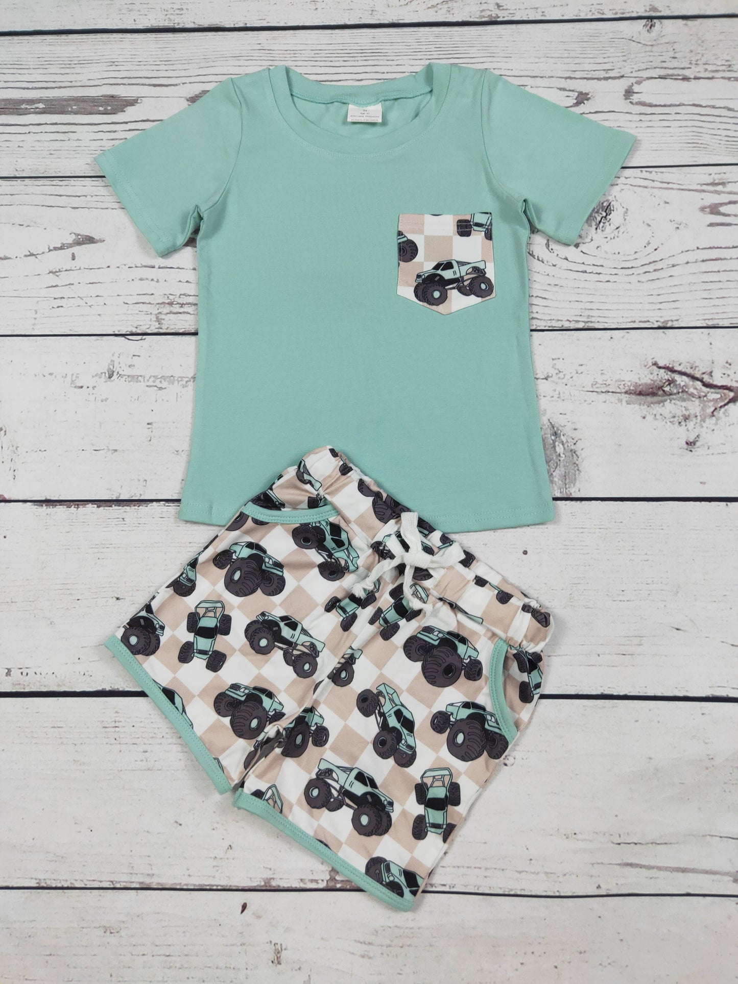 Baby Boy Gingham Trucks Printed Top Shorts Set