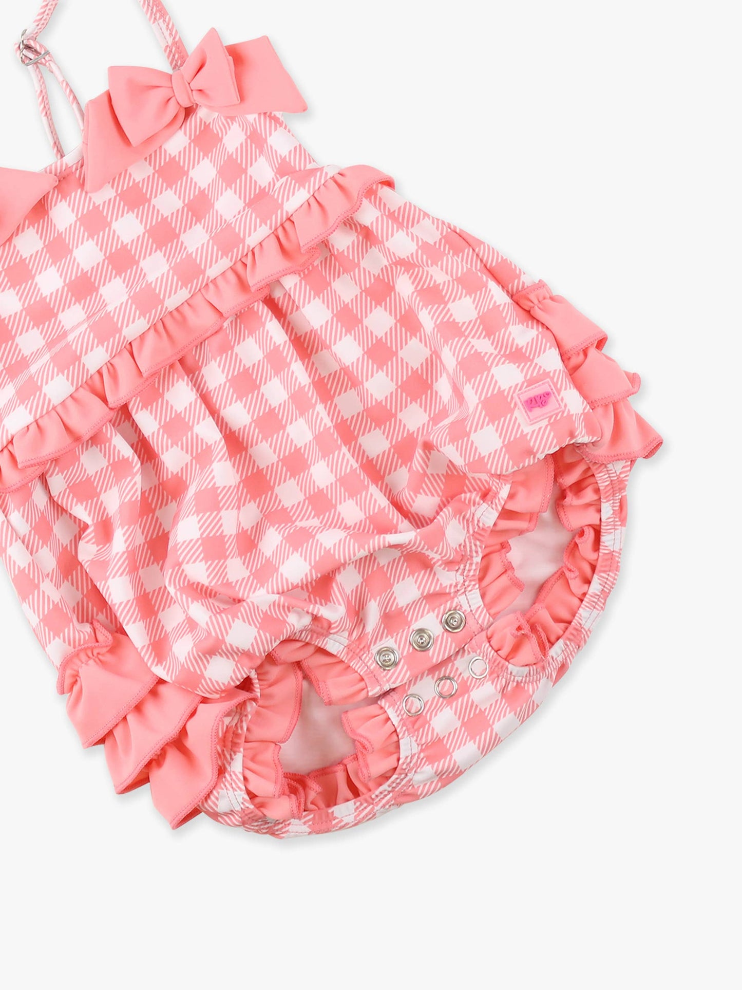 Baby Girls Bubblegum Gingham One Piece Bow Bubble Romper Swimsuit with Signature Rear Ruffles