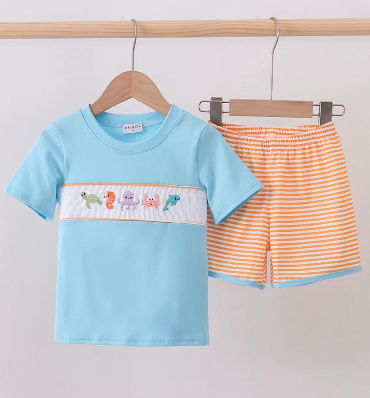 Blue marine embroidery stripe shorts set