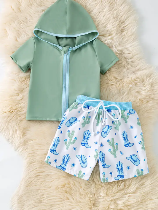 MAUVE GREEN SWIM TOP WITH HOODIE AND WESTERN PRINTED SHORTS