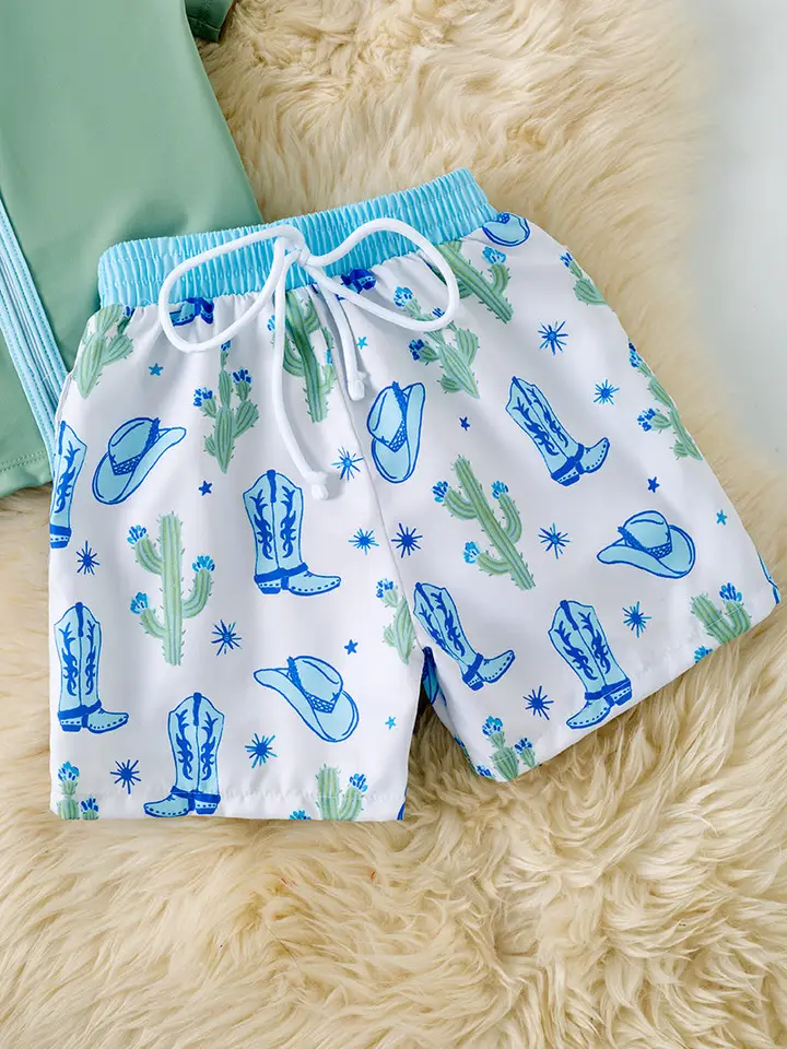 MAUVE GREEN SWIM TOP WITH HOODIE AND WESTERN PRINTED SHORTS