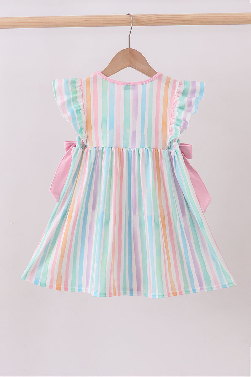 MULTICOLORED STRIPE MARINE EMBROIDERY RUFFLE DRESS