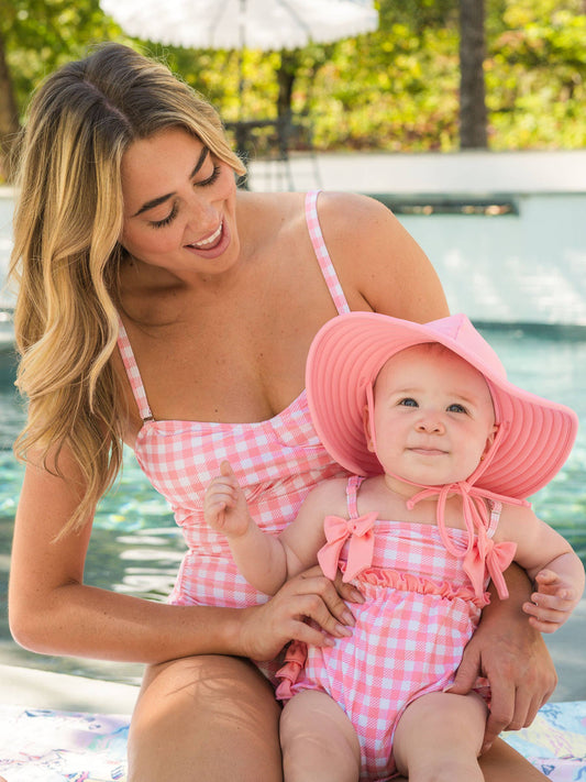 Baby Girls Bubblegum Gingham One Piece Bow Bubble Romper Swimsuit with Signature Rear Ruffles