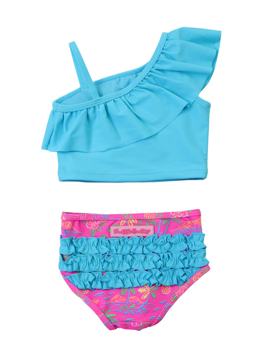 Girls Neon Island Time One Shoulder Ruffle Tankini 2-Piece Swimsuit with Signature Rear Ruffles
