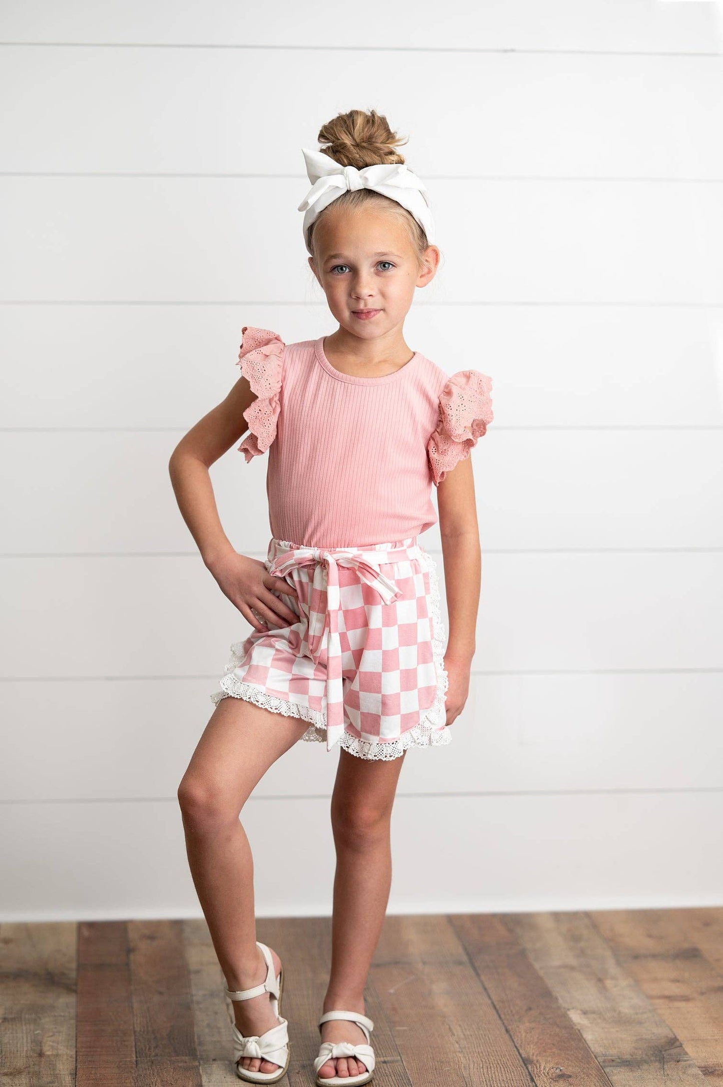 Girls Pink Lace Checkered Spring Summer Ruffle Short Set