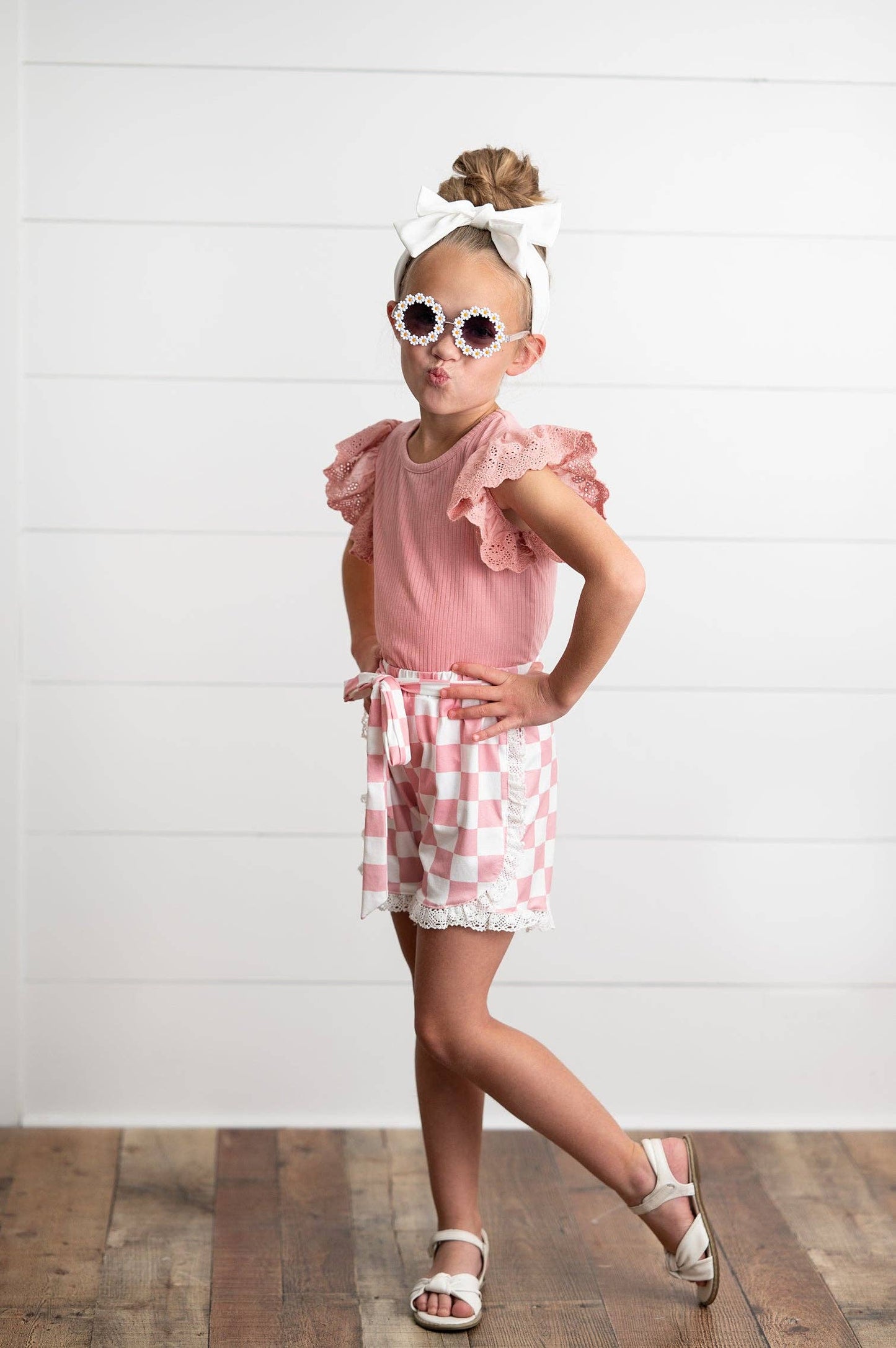 Girls Pink Lace Checkered Spring Summer Ruffle Short Set