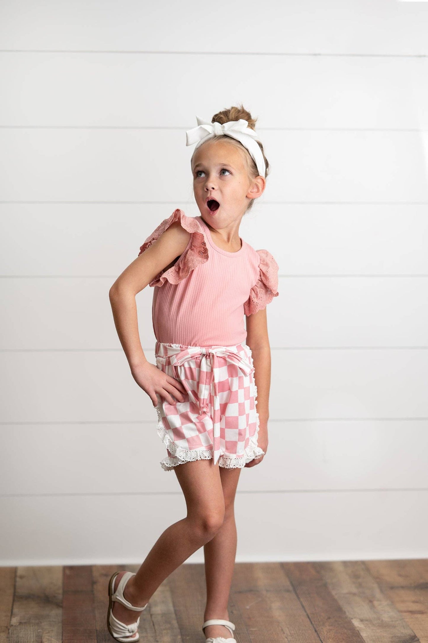Girls Pink Lace Checkered Spring Summer Ruffle Short Set
