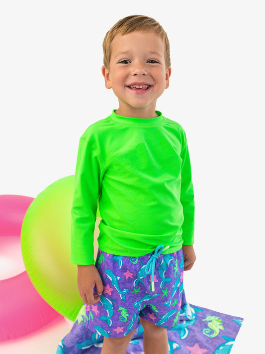 Boys Neon Fin Friends Performance Hybrid Swim Trunks