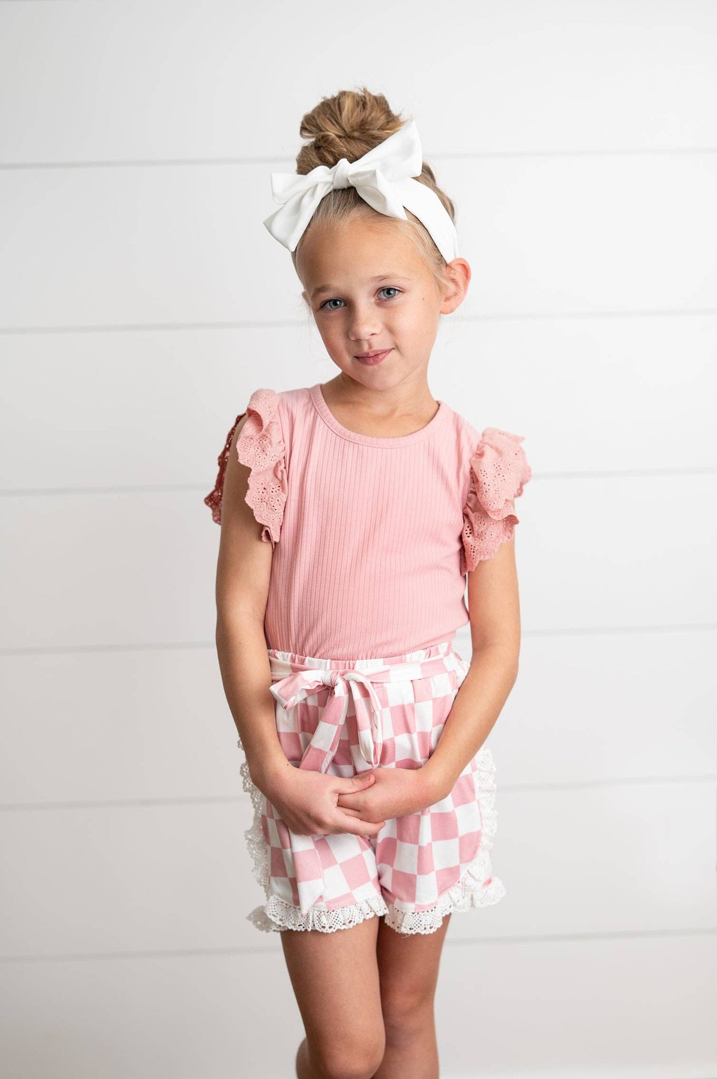 Girls Pink Lace Checkered Spring Summer Ruffle Short Set