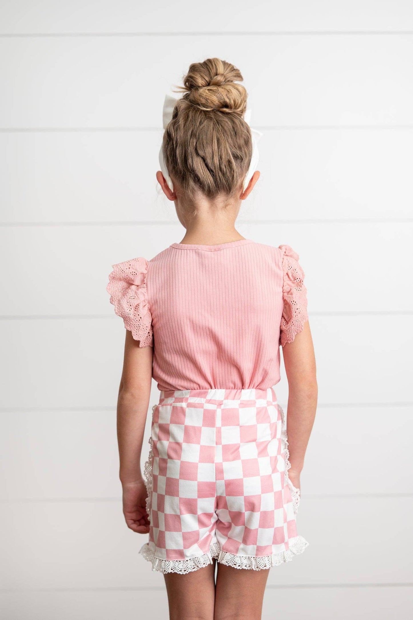 Girls Pink Lace Checkered Spring Summer Ruffle Short Set