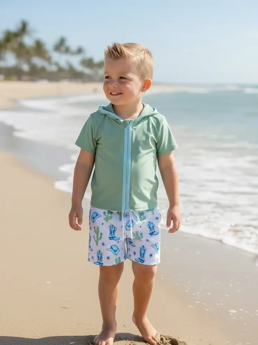 MAUVE GREEN SWIM TOP WITH HOODIE AND WESTERN PRINTED SHORTS
