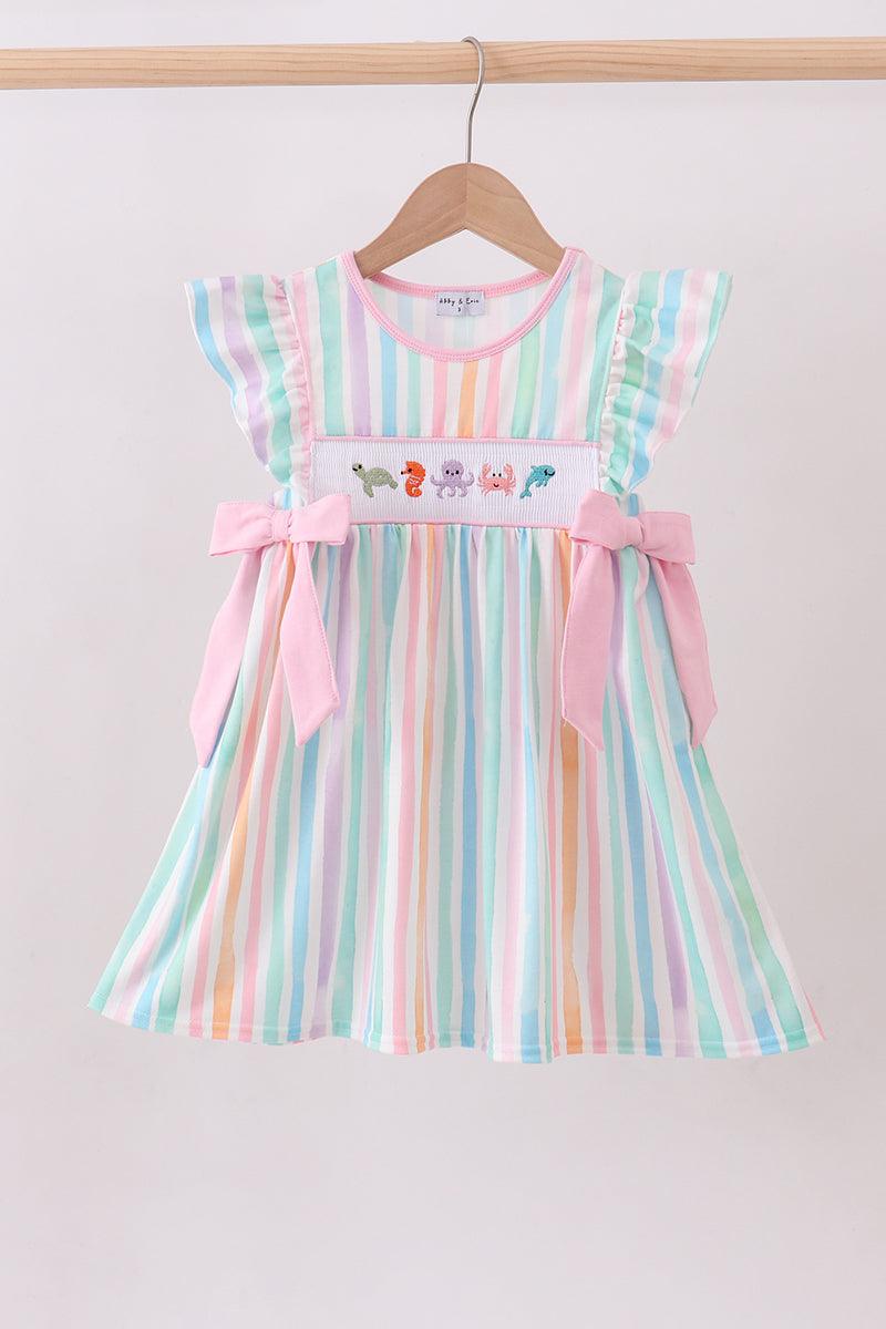 MULTICOLORED STRIPE MARINE EMBROIDERY RUFFLE DRESS