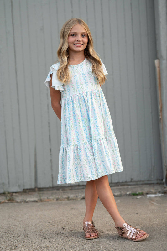 Kids Emmy Dainty Pastel Floral Flutter Sleeve Twirl Dress