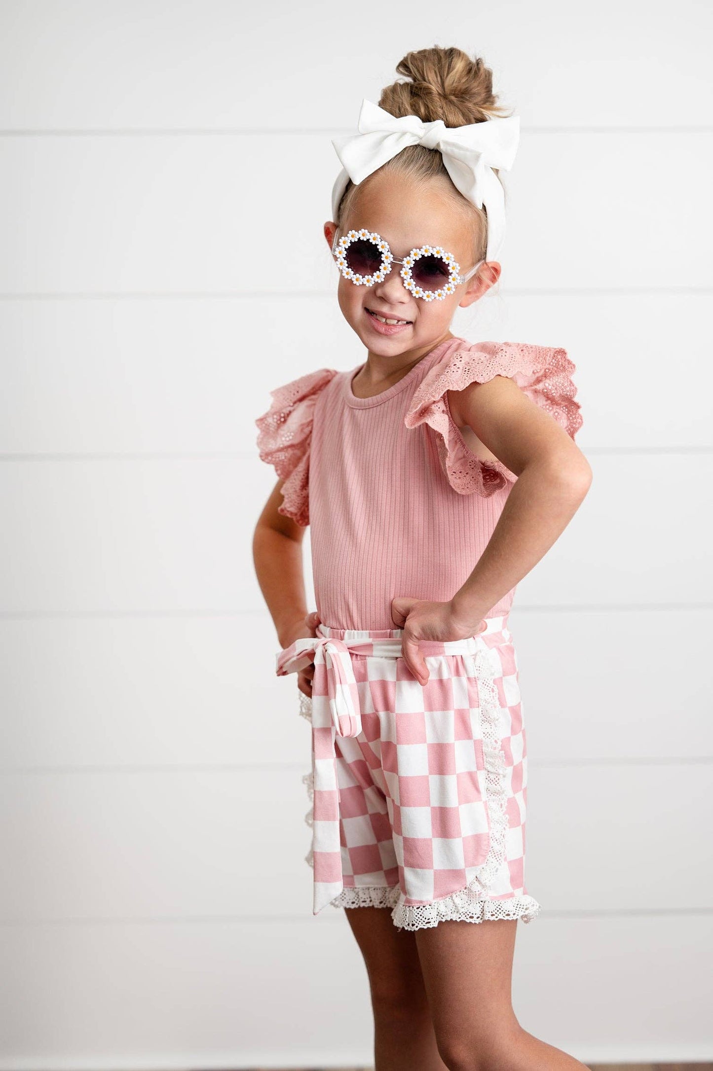 Girls Pink Lace Checkered Spring Summer Ruffle Short Set
