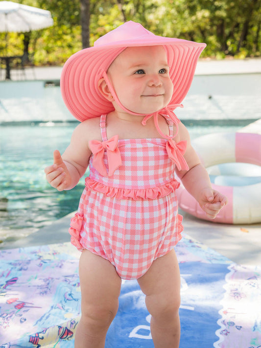 Baby Girls Bubblegum Gingham One Piece Bow Bubble Romper Swimsuit with Signature Rear Ruffles