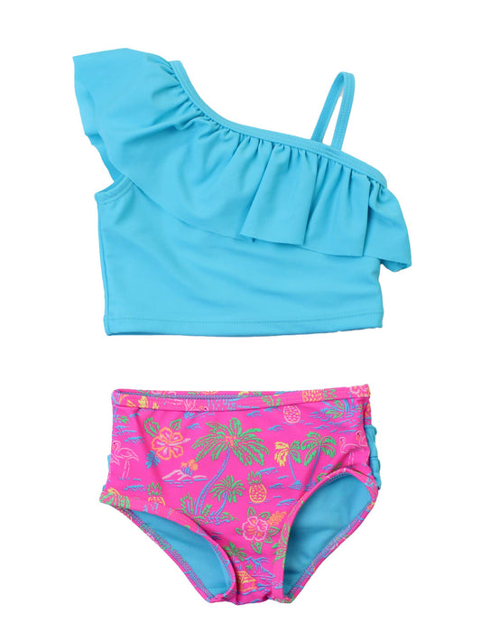 Girls Neon Island Time One Shoulder Ruffle Tankini 2-Piece Swimsuit with Signature Rear Ruffles